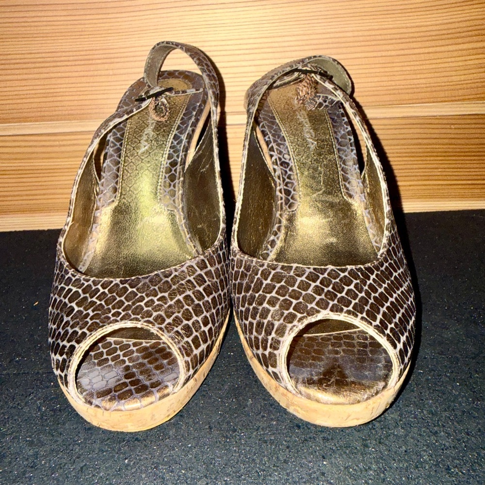 Authentic Via Spiga Cork Platform Slingback Wedge Snakeskin Embossed Leather US8